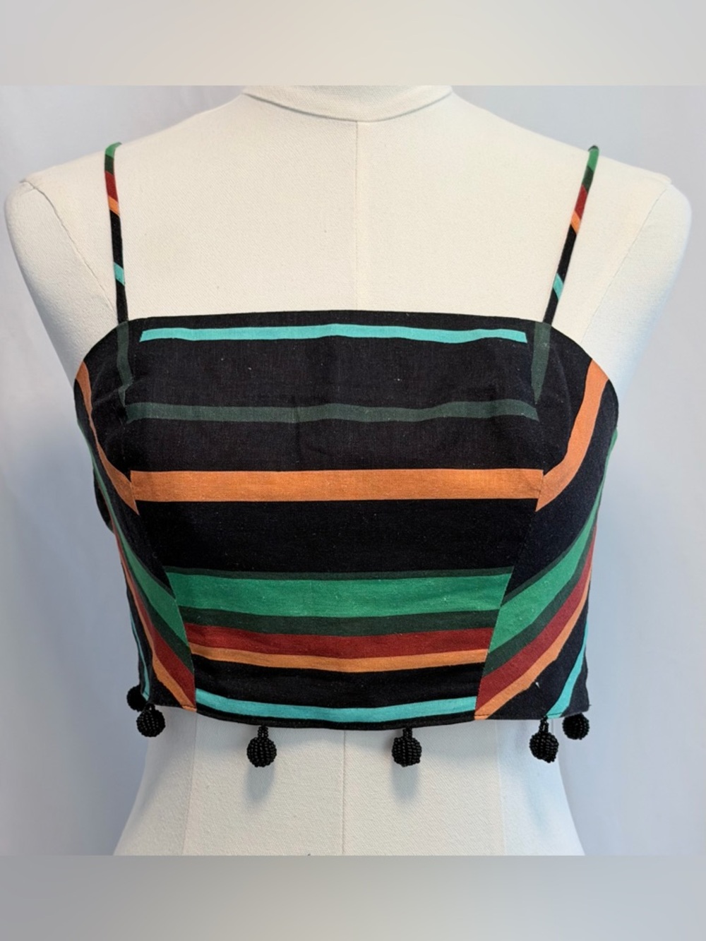 Farm Rio Black Multicolor Stripe Wrap Tie Top S Tassel Cropped Boho Resort